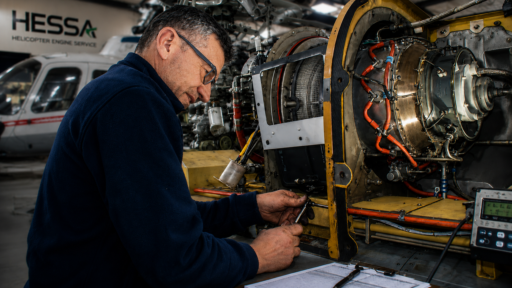 Técnico inspeccionando un motor de helicóptero durante tareas de mantenimiento