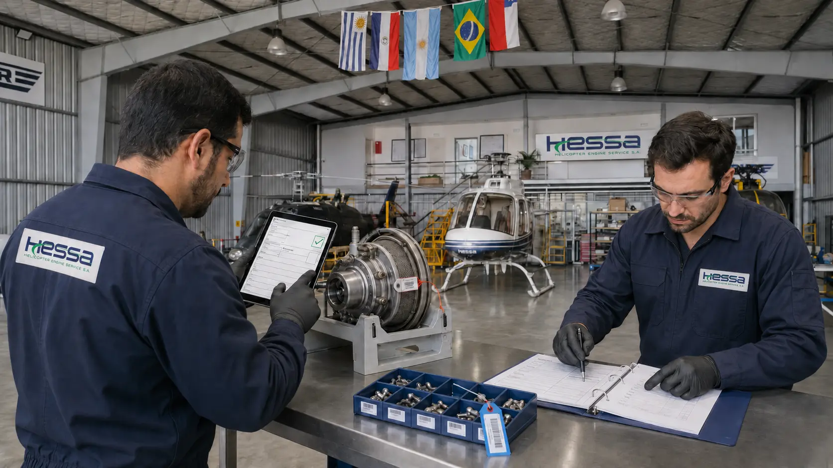 Técnicos de HESSA registrando documentación y trazabilidad de mantenimiento aeronáutico